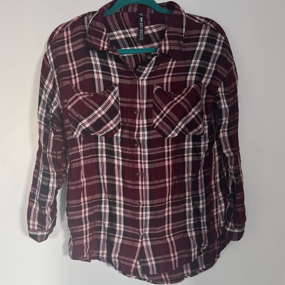 Design Lab Lord & Taylor Burgundy Plaid Shirt
